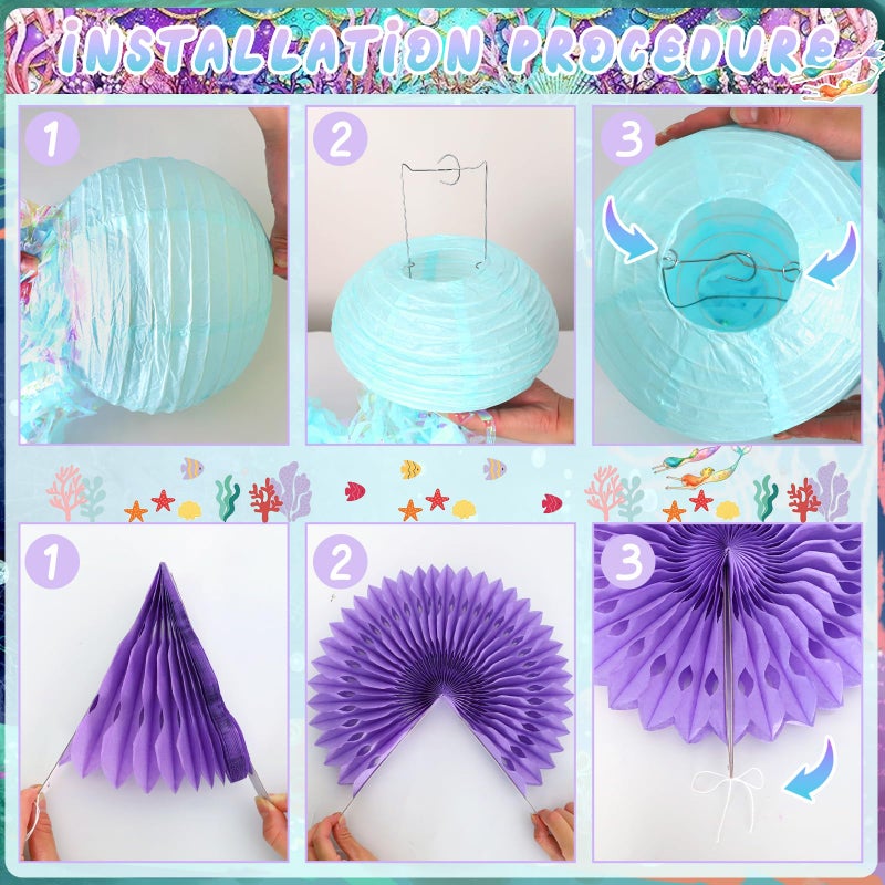 Bolake Mermaid Birthday Decorations Mermaid Theme Party Decorations Supplies Mermaid Cake Decorations Include Mermaid Banner Balloons Paper Fans Curtains Sash Headband for Mermaid Party Decor - Image 4